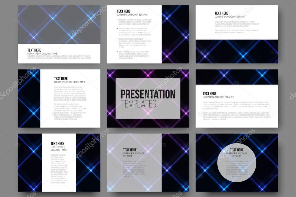 Set of 9 vector templates for presentation slides. Abstract neon light, black texture