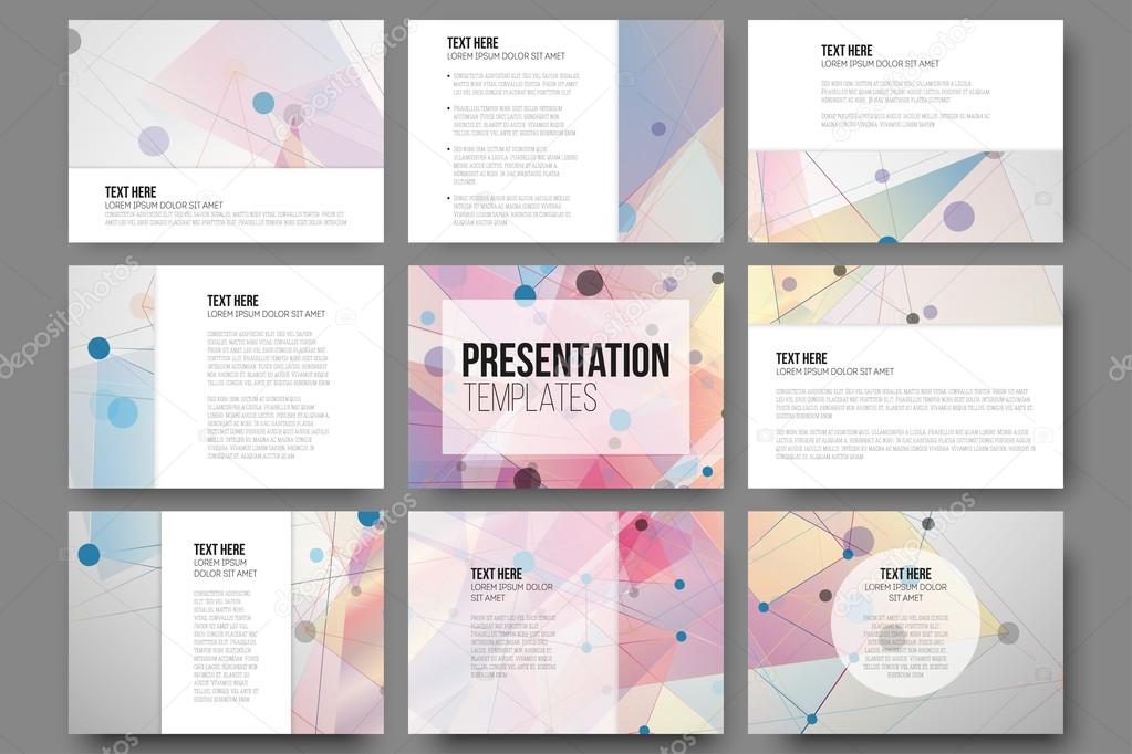 Set of 9 templates for presentation slides. Abstract colored backgrounds, triangle design vectors