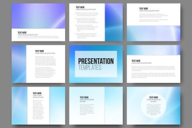 Set of 9 vector templates for presentation slides. Blue abstract design background