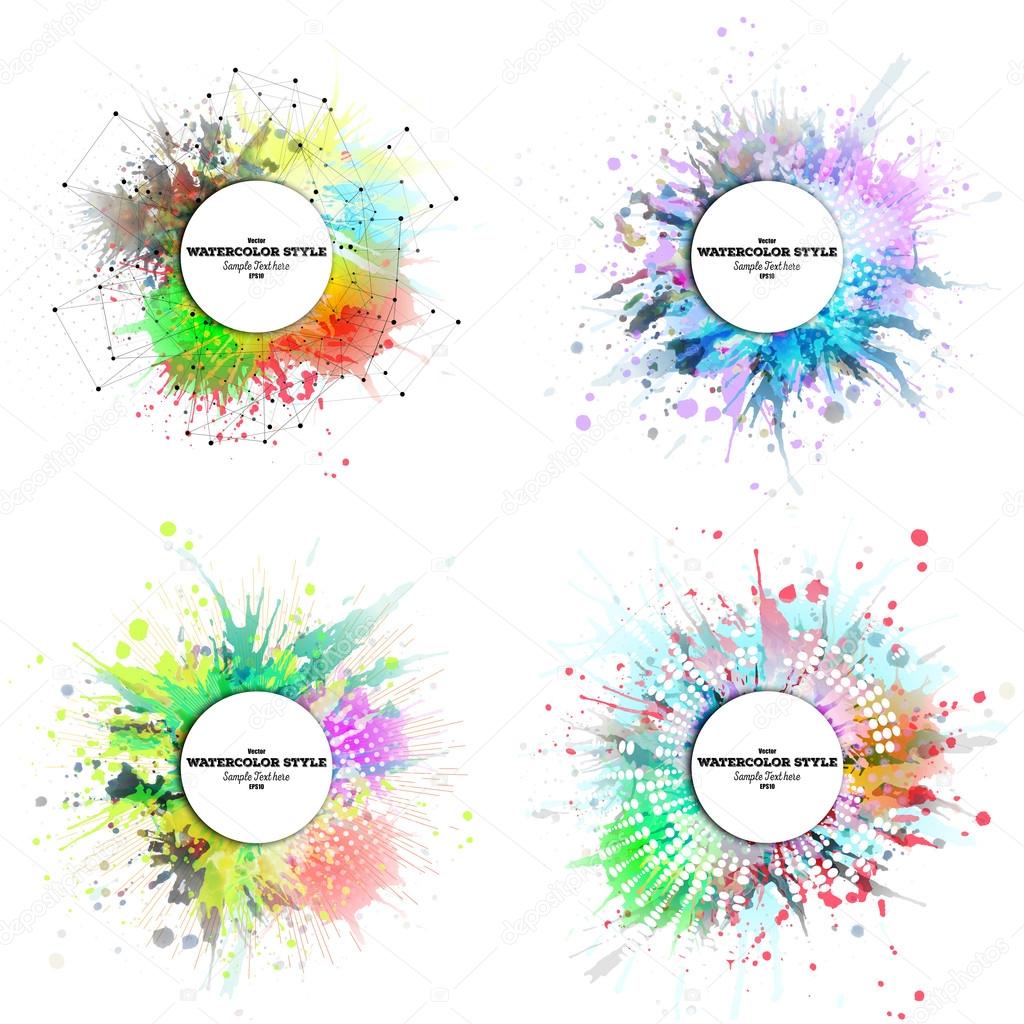 Set of abstract circle white banners with place for text and watercolor stains. Colorful backgrounds, business vector patterns