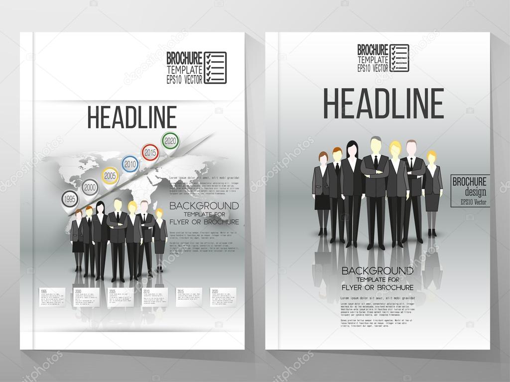 Business vector templates, brochure, flyer or booklet. Team standing over gray background with timeline and world map. Vector infographic template for business design.