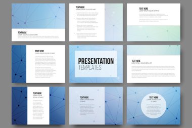 Set of 9 vector templates for presentation slides. Molecule structure blue background clipart