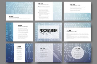 Set of 9 vector templates for presentation slides. Abstract microchip background, scientific electronic design clipart