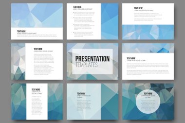 Set of 9 templates for presentation slides. Abstract blue backgrounds. Triangle design vectors  clipart