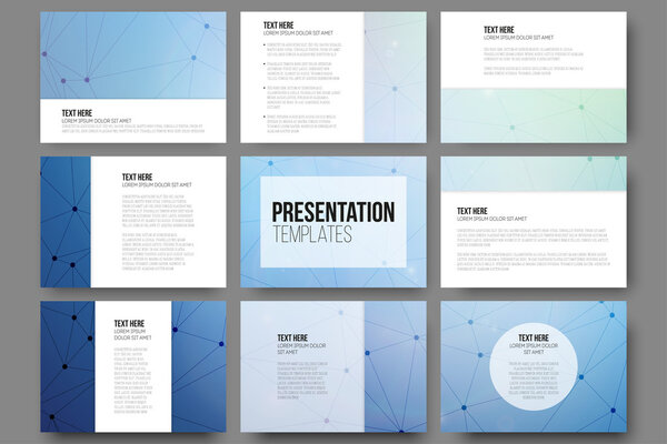Set of 9 vector templates for presentation slides. Molecule structure blue background