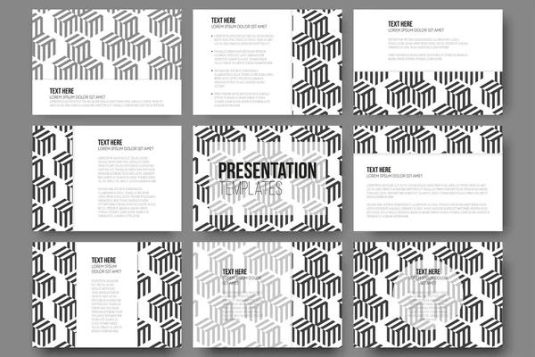 プレゼンテーションのスライドの 9 テンプレートのセット。キューブとモダンなスタイリッシュな幾何学的な背景は。単純な抽象的なモノクロ ベクトル テクスチャ — ストックベクタ