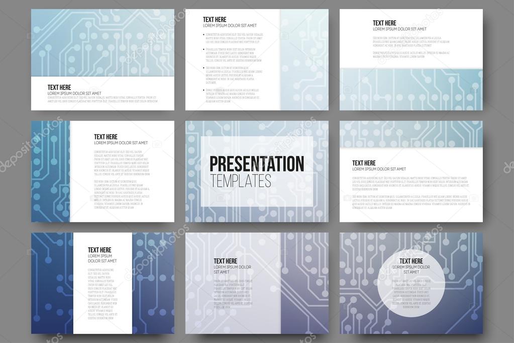 Set of 9 vector templates for presentation slides. Abstract microchip background, scientific electronic design
