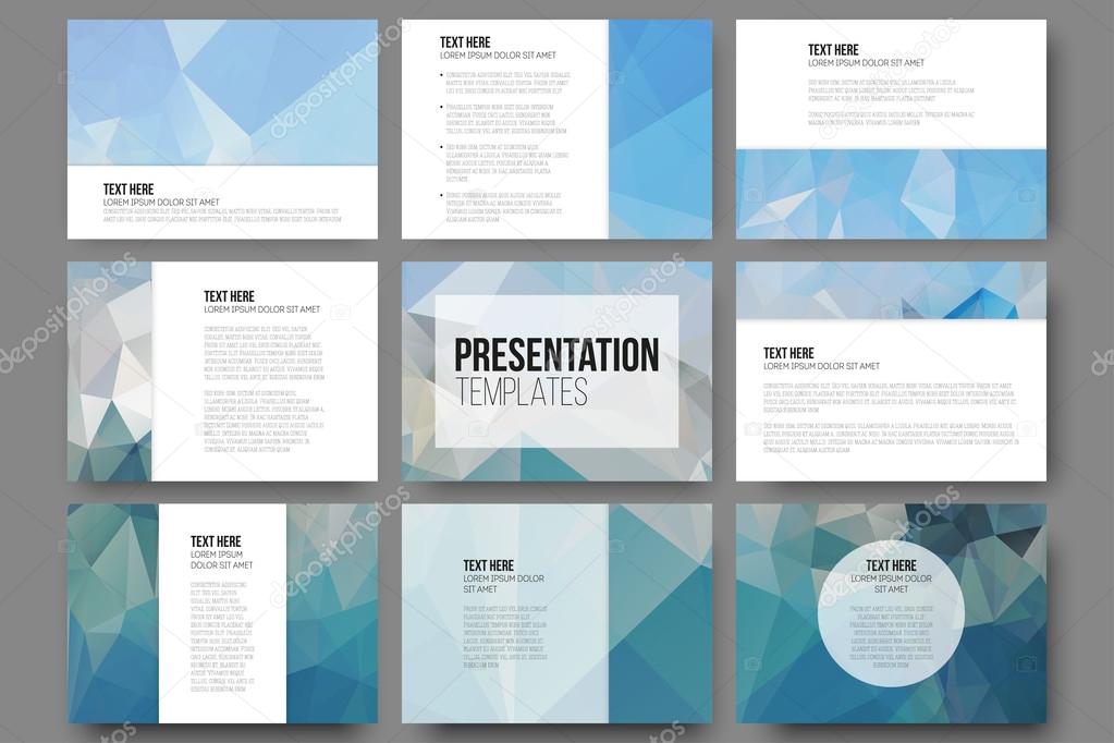 Set of 9 templates for presentation slides. Abstract blue backgrounds. Triangle design vectors 