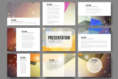 Set of 9 vector templates for presentation slides. Abstract colored background, triangle design illustration.