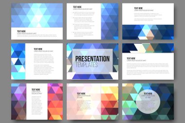 Set of 9 templates for presentation slides. Abstract vibrant backgrounds. Triangle design vectors 
