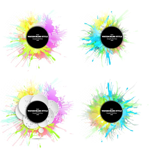 Conjunto de pancartas abstractas círculo blanco con lugar para manchas de texto y acuarela. Fondos coloridos, patrones de vectores de negocios — Archivo Imágenes Vectoriales