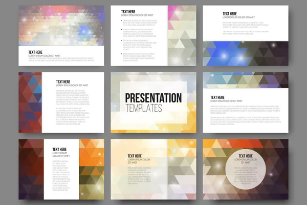 Set di 9 modelli per diapositive di presentazione. Astratto sfondi vibranti. Vettori di progettazione del triangolo — Vettoriale Stock