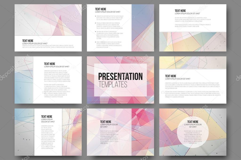 Set of 9 templates for presentation slides. Abstract colored backgrounds, triangle design vectors