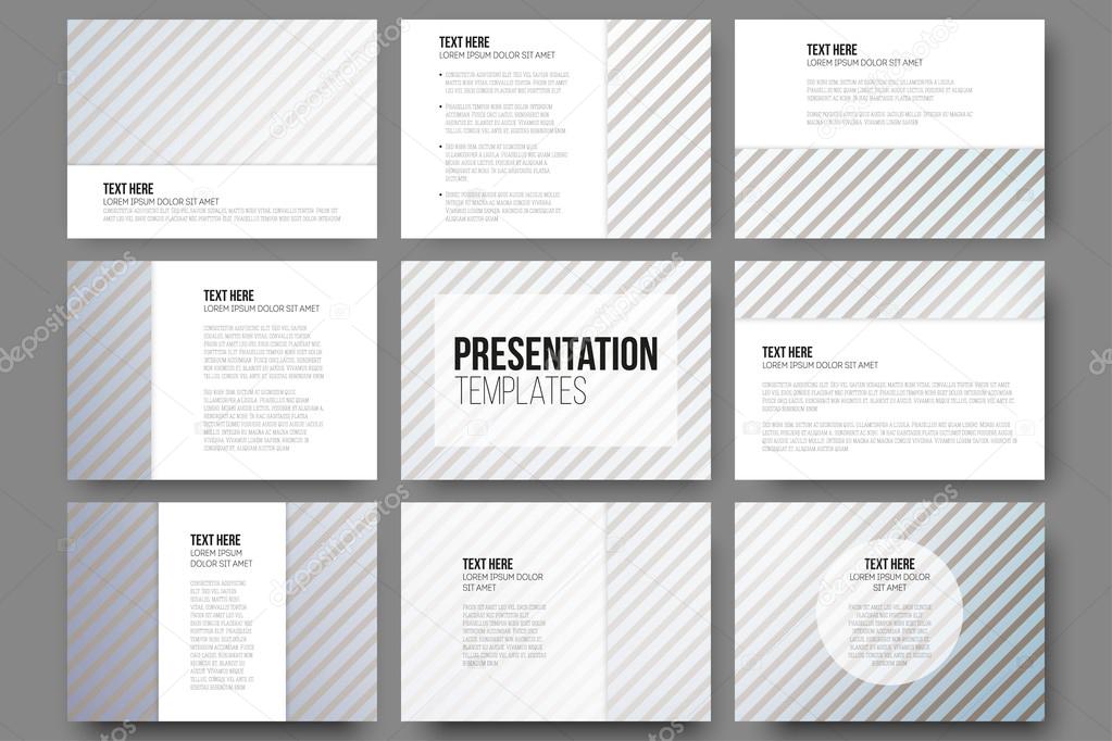 Set of 9 templates for presentation slides. Diagonal lines patterns, pastel vector backgrounds