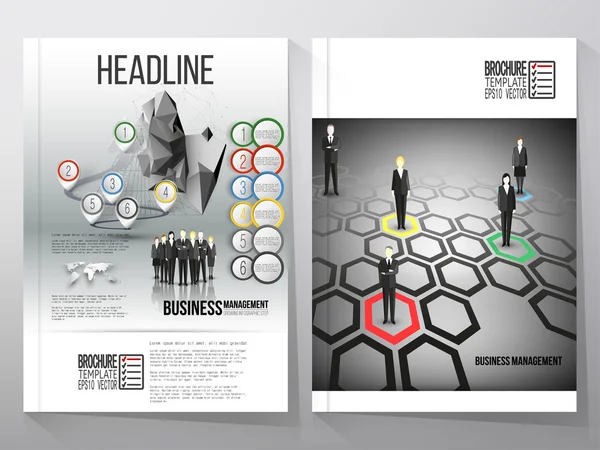 Modelos de vetor de negócios, brochura, folheto ou livreto. Equipe de pé sobre fundo cinza com linha do tempo e mapa do mundo. Modelo de infográfico vetorial para design de negócios . — Vetor de Stock