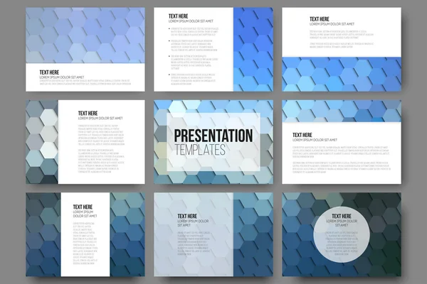 Set of 9 templates for presentation slides. Geometric blue backgrounds, abstract hexagonal vector patterns — Stock Vector