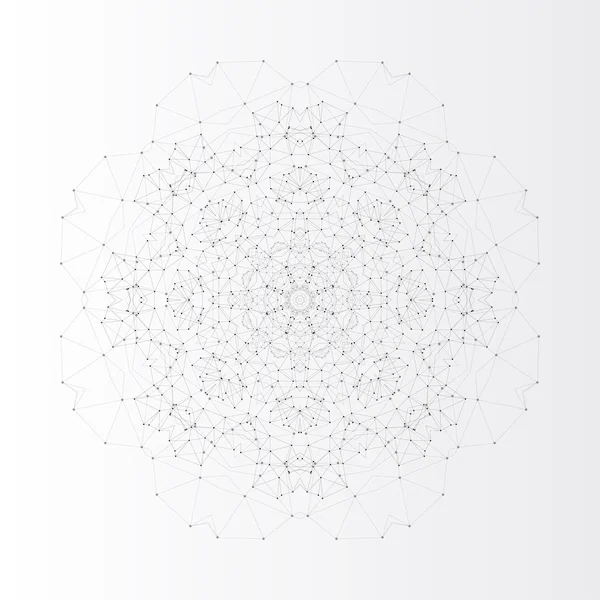 Round vector shape, molecular construction with connected lines and dots, scientific or digital design pattern isolated on gray — Stok Vektör