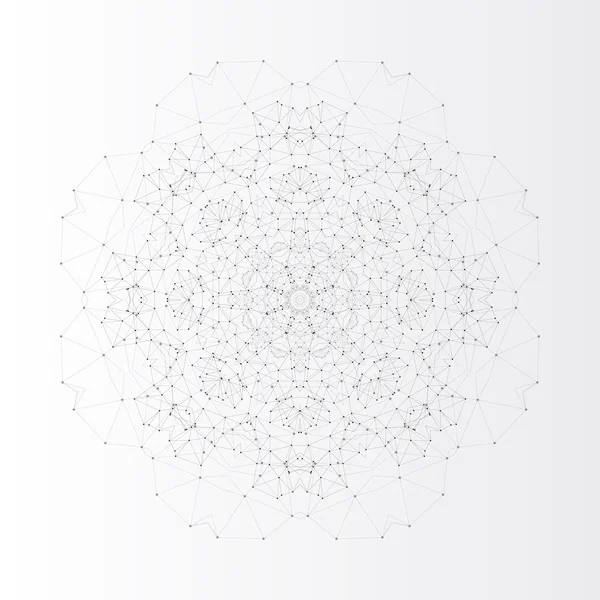 Round vector shape, molecular construction with connected lines and dots, scientific or digital design pattern isolated on gray — Stock vektor