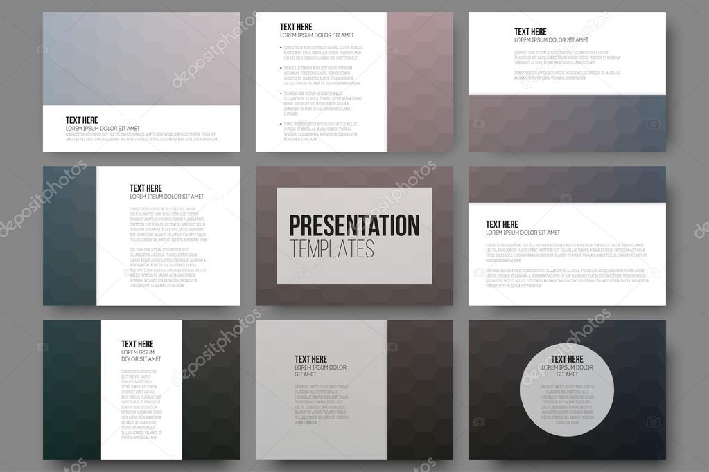 Set of 9 templates for presentation slides. Geometric blurred backgrounds, abstract hexagonal vector patterns
