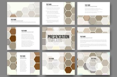 Set of 9 templates for presentation slides. Colorful geometric backgrounds, abstract hexagonal vector patterns