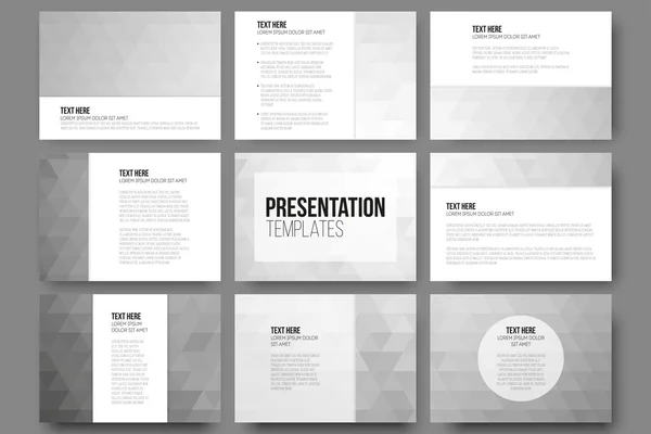 Set di 9 modelli per diapositive di presentazione. Sfondi grigi astratti. Vettori di progettazione del triangolo — Vettoriale Stock