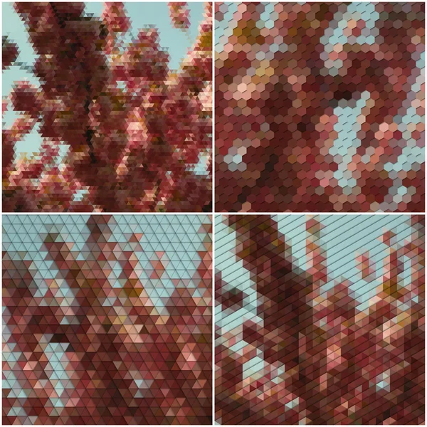 El árbol con flores púrpuras. Colección de fondos abstractos multicolores. Patrones geométricos naturales. Ilustración vectorial de estilo triangular y hexagonal — Archivo Imágenes Vectoriales