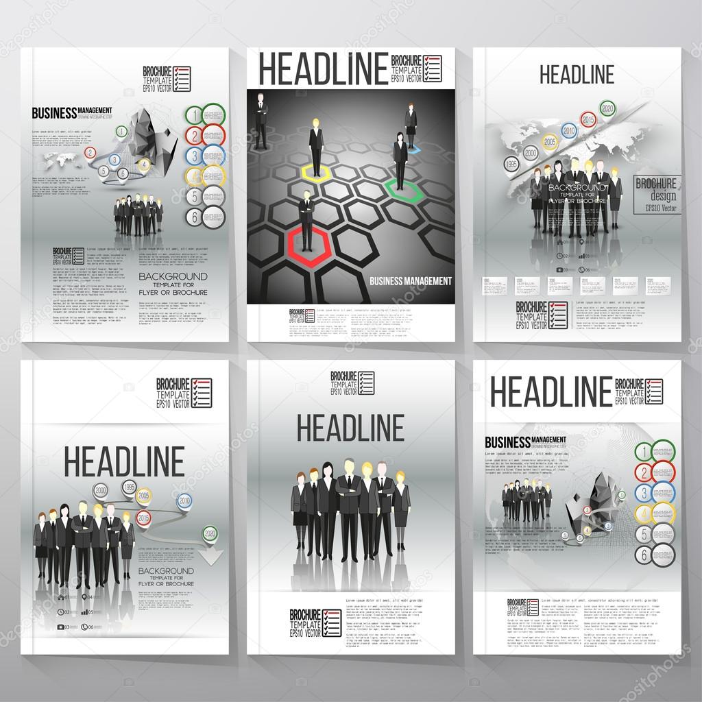 Business vector templates, brochure, flyer or booklet. Team standing over gray background with timeline and world map. Vector infographic templates for business design.