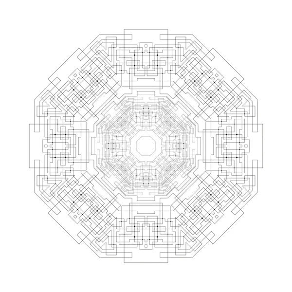 Round vector shape, technical construction with connected lines and dots, digital design pattern isolated on white — Διανυσματικό Αρχείο