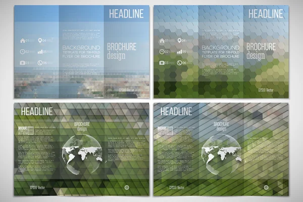 Векторный набор трехкратного шаблона оформления брошюры с обеих сторон с элементом мирового шара. Парк пейзаж. Абстрактные разноцветные задние фонари. Естественные геометрические узоры. Треугольный и шестиугольный стиль — стоковый вектор