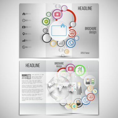 Vector set of tri-fold brochure design template on both sides. Gray backgrounds, infographics with colored circles clipart