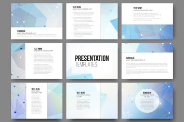 Set of 9 vector templates for presentation slides. Abstract colored background, triangle design illustration.