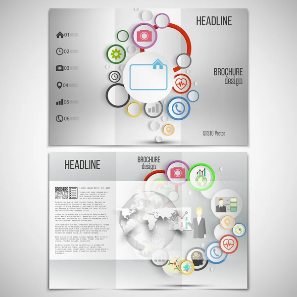 Vector set of tri-fold brochure design template on both sides. Gray backgrounds, infographics with colored circles — Stock vektor