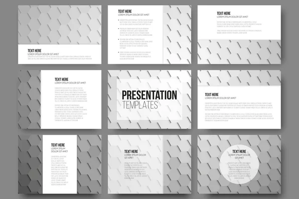 プレゼンテーションのスライドの 9 テンプレートのセット。幾何学的な灰色の背景、抽象的な六角形のベクトル パターン — ストックベクタ
