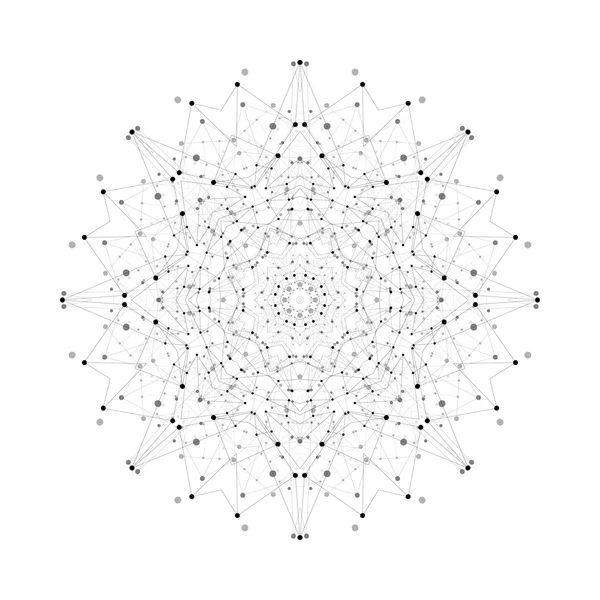 Forme vectorielle ronde, construction moléculaire avec lignes et points reliés, motif de conception scientifique ou numérique isolé sur blanc — Image vectorielle