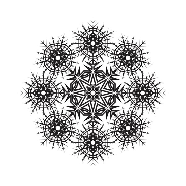 Round ornamental vector shape, black pattern of snowflake isolated on white — Stock Vector