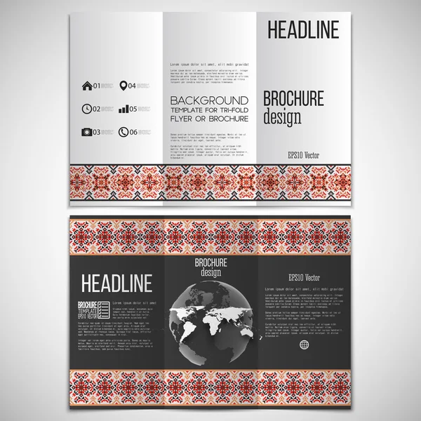 Set vettoriale di brochure trifold modello di design su entrambi i lati con elemento globo mondo. Arte popolare ucraina. Modello nazionale tradizionale ricamato. Vettore astratto — Vettoriale Stock