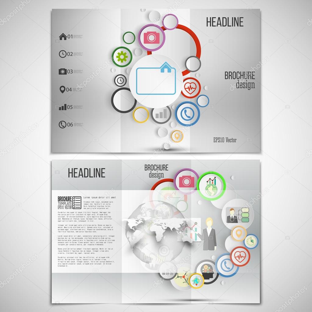 Vector set of tri-fold brochure design template on both sides. Gray backgrounds, infographics with colored circles