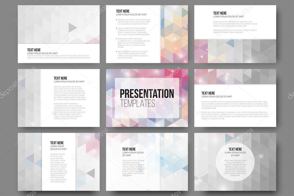Set of 9 templates for presentation slides. Abstract vibrant backgrounds. Triangle design vectors