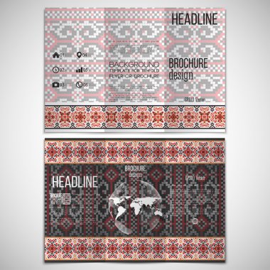 Vector set of tri-fold brochure design template on both sides with world globe element. Ukrainian folk art. Traditional national embroidered pattern. Abstract vector