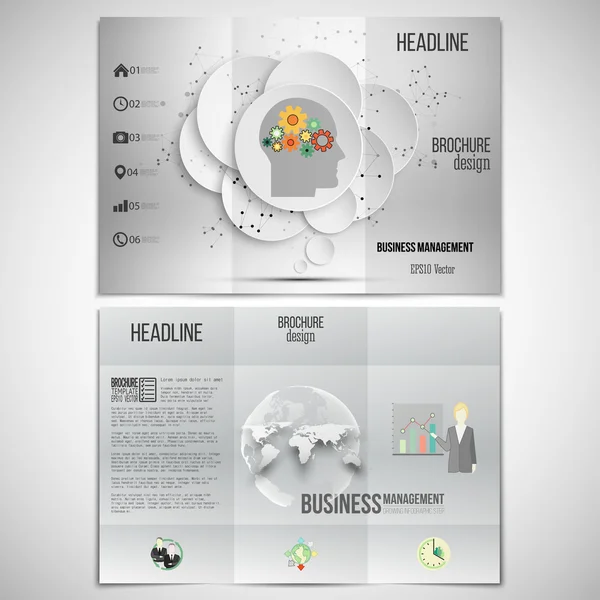 Set vettoriale di triplo modello di brochure su entrambi i lati. Fondo grigio, testa umana con ingranaggi. Modello infografico — Vettoriale Stock