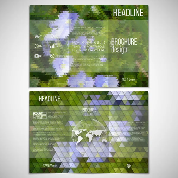 Vector set of tri-fold brochure design template on both sides. Blue flowers in the grass. Abstract multicolored backgrounds. Natural geometrical patterns. Triangular  style — Stock vektor