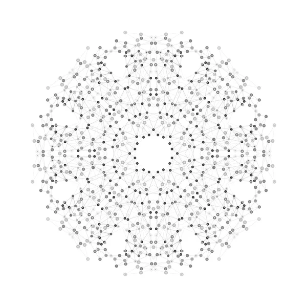 Round vector shape, molecular construction with connected lines and dots, scientific or digital design pattern isolated on white — Stok Vektör