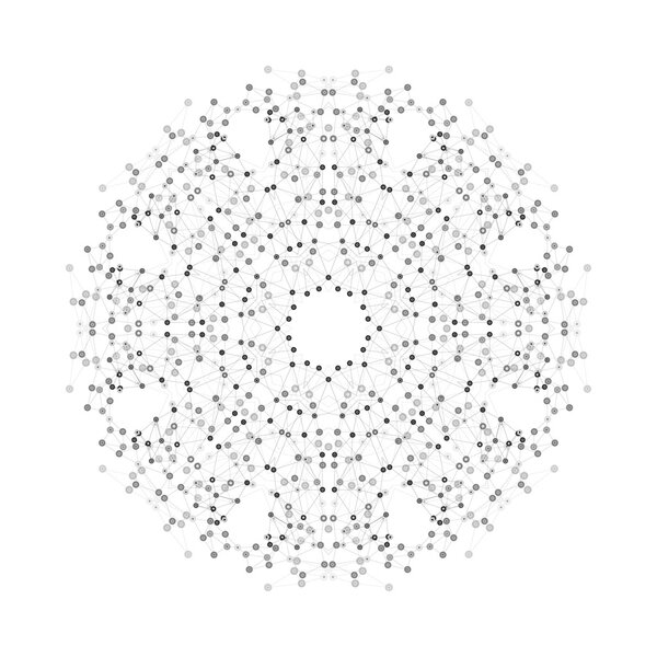 Round vector shape, molecular construction with connected lines and dots, scientific or digital design pattern isolated on white