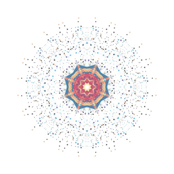 Forma de vector redondo, construcción molecular con líneas y puntos conectados, patrón de diseño científico o digital aislado en blanco — Vector de stock