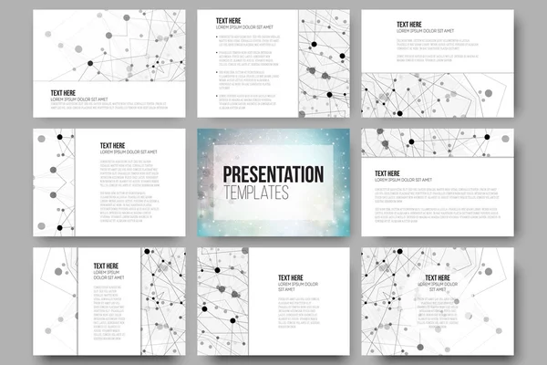 Jeu de 9 modèles pour diapositives de présentation. Conception de structure moléculaire, fond vectoriel scientifique bleu — Image vectorielle