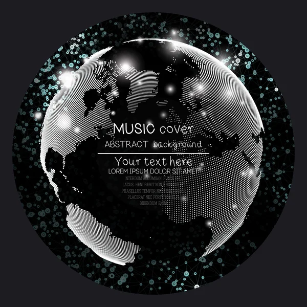 Music album cover templates. World globe, global network. Molecule structure, black background,  vector illustration — Stock Vector