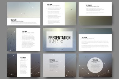 Set of 9 templates for presentation slides. Molecule structure, gray science vector backgrounds