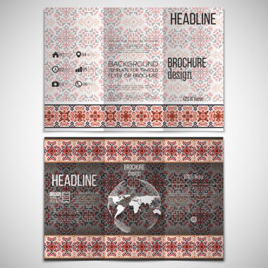 Vector set of tri-fold brochure design template on both sides with world globe element. Ukrainian folk art. Traditional national embroidered pattern. Abstract vector