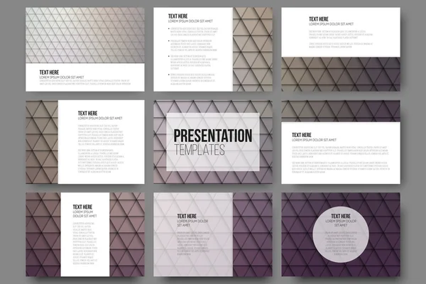 Jeu de 9 modèles pour diapositives de présentation. Fonds violets abstraits. Vecteurs de conception de triangle — Image vectorielle