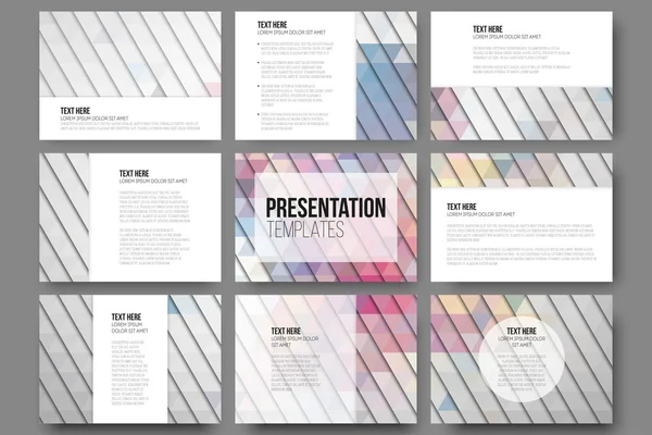 Set di 9 modelli per diapositive di presentazione. Astratto sfondi vibranti. Vettori di progettazione del triangolo — Vettoriale Stock